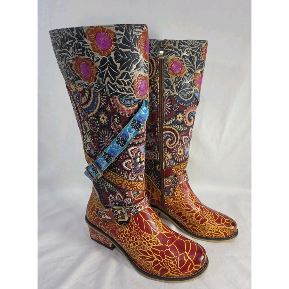 Soffia Rheana Knee-High Boots 38/7 Paisley‎ Floral Jacquard Boho Eclectic Whimsy
